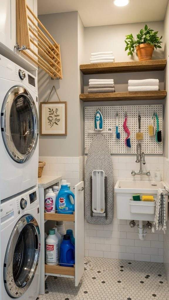 Coastal apartment laundry room with whitewashed oak shelves, woven baskets, blue tiles, soft light.