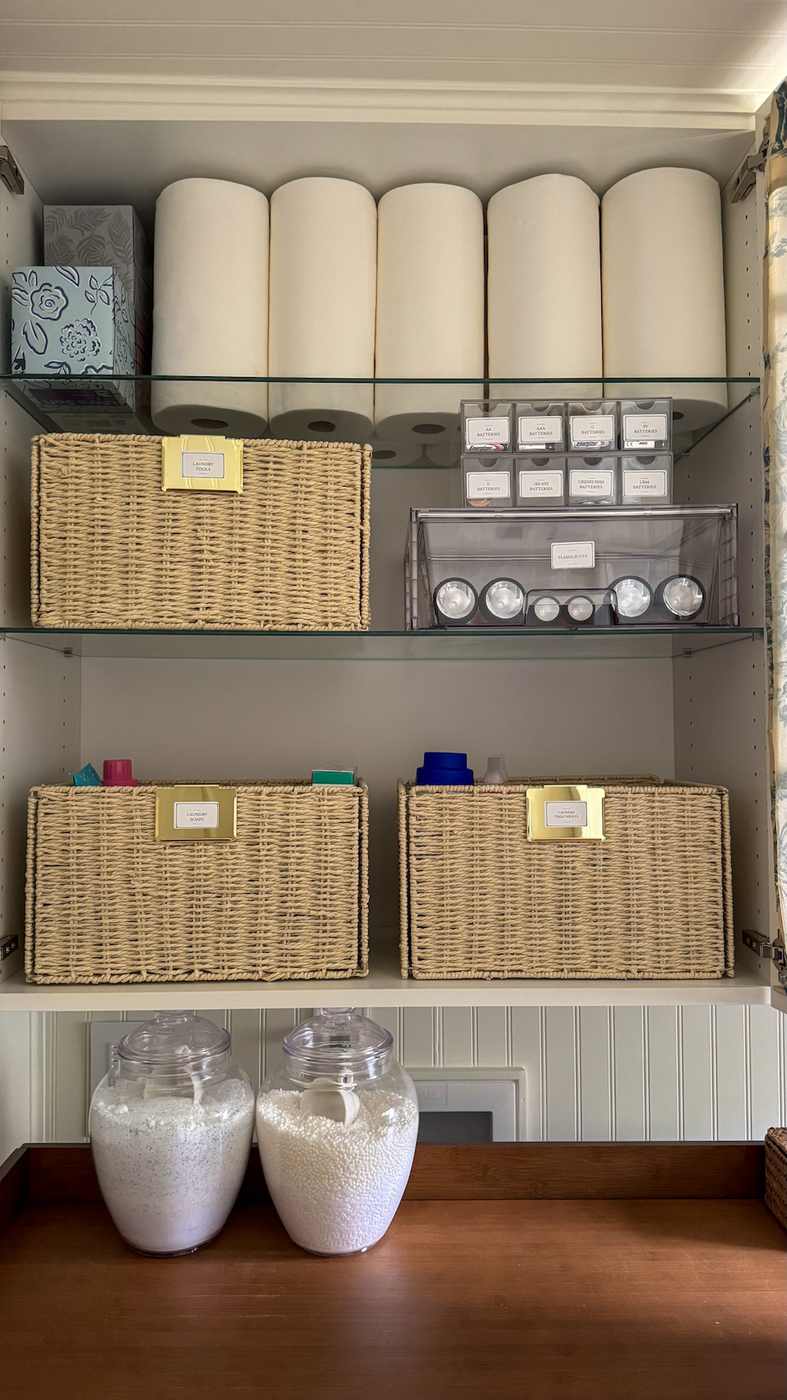 Bright Scandinavian laundry space with white cabinetry, blonde ash wood counters, minimalist linen storage bins.