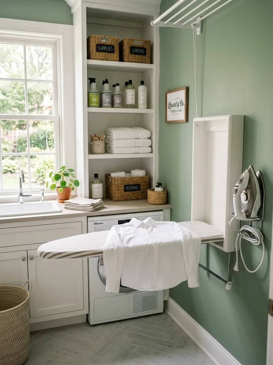 Compact apartment laundry room featuring slatted light oak cabinetry white stacked machines and warm LED lighting