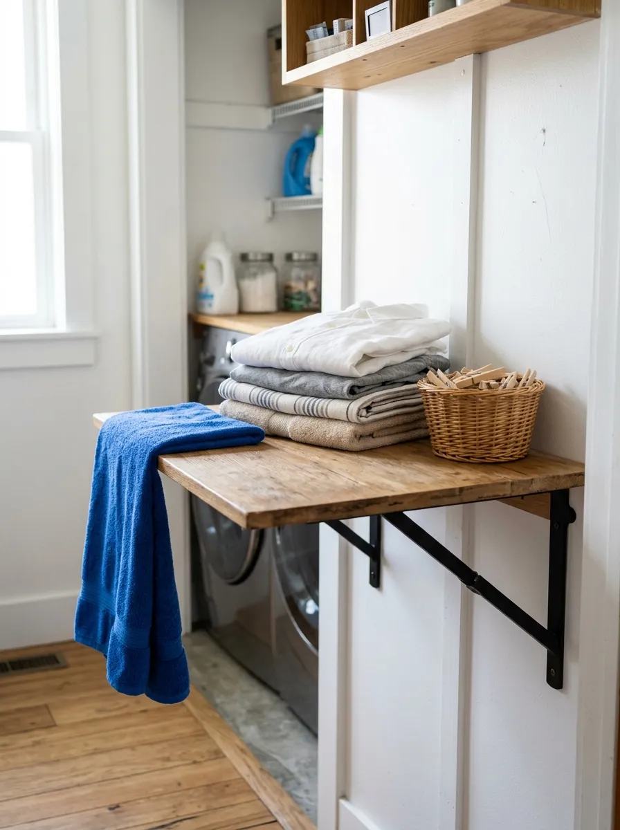 Dark charcoal apartment laundry room featuring brushed brass hardware walnut shelving and warm ambient lighting