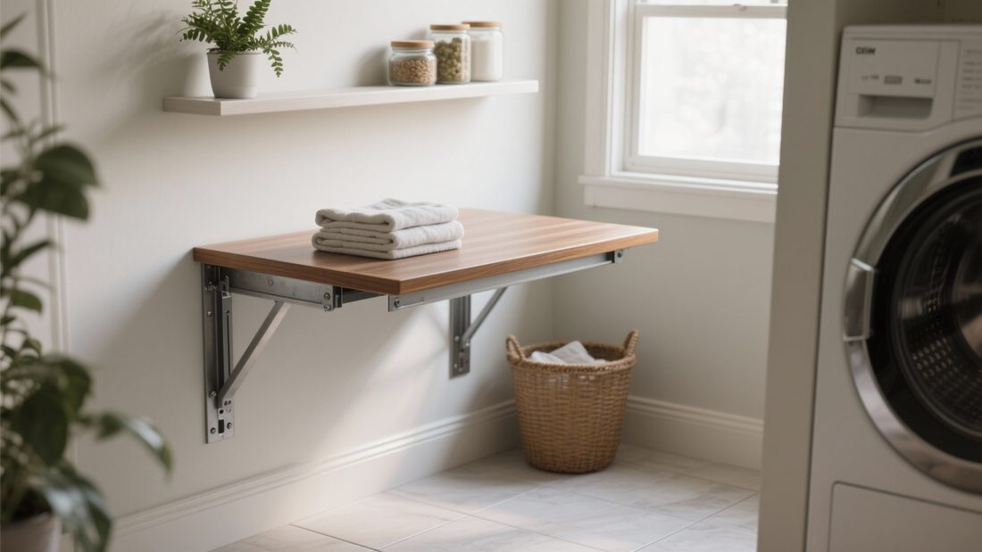 Bright white apartment laundry room featuring woven rattan cabinet doors marble counters and soft daylight