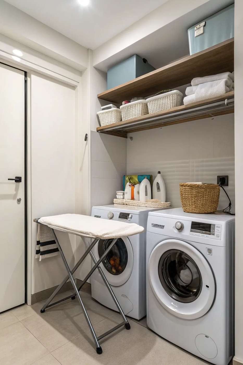 Sage green apartment laundry room featuring butcher block counters ceramic tile backsplash and warm brass lighting