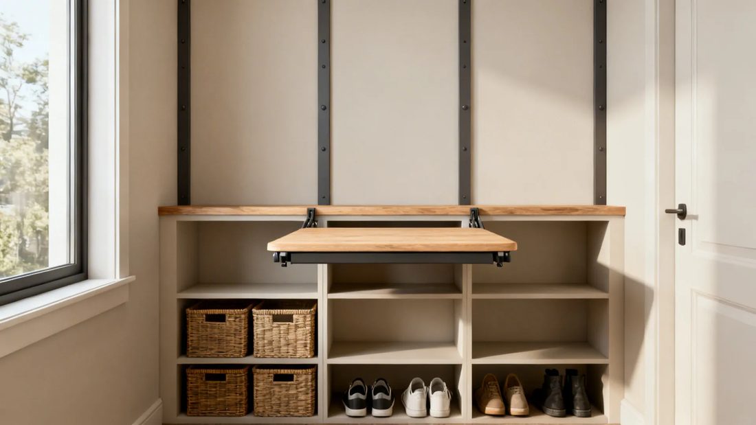 Minimalist apartment laundry closet featuring white high gloss cabinets hidden handles and cool LED lighting