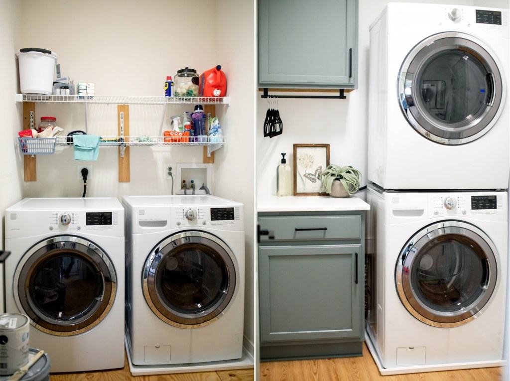 Modern apartment laundry room featuring speckled terrazzo countertops soft pastel pink cabinets and hidden LED lighting