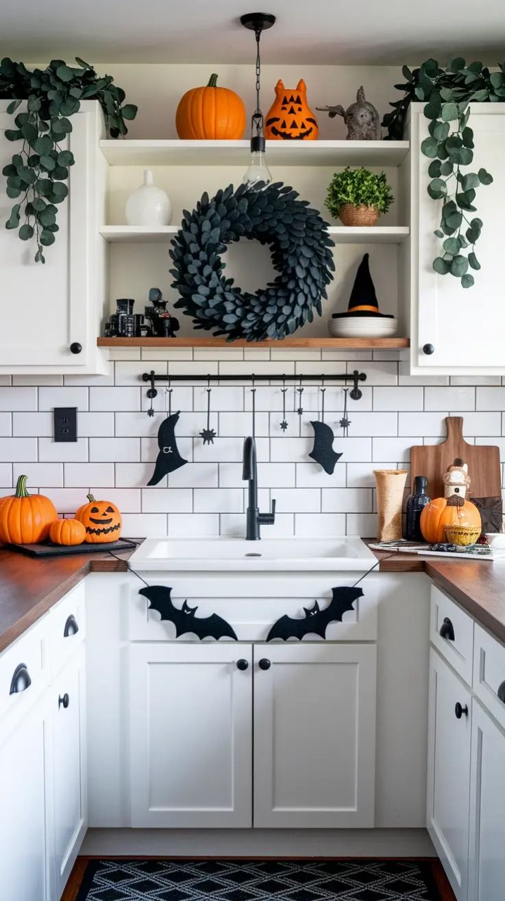 White apron sink with black wreath and hanging witch hats above