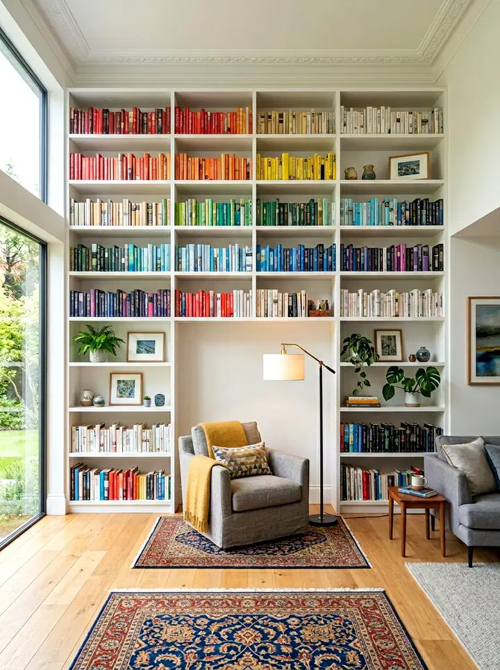 Close‑up of arched window nook, built‑in shelves, teal throw, brass reading lamp, soft shadows.