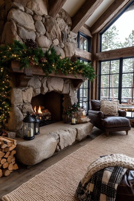 Classic living room mantel adorned with velvet tied garland, dark wood furniture, and warm ambient sconces.