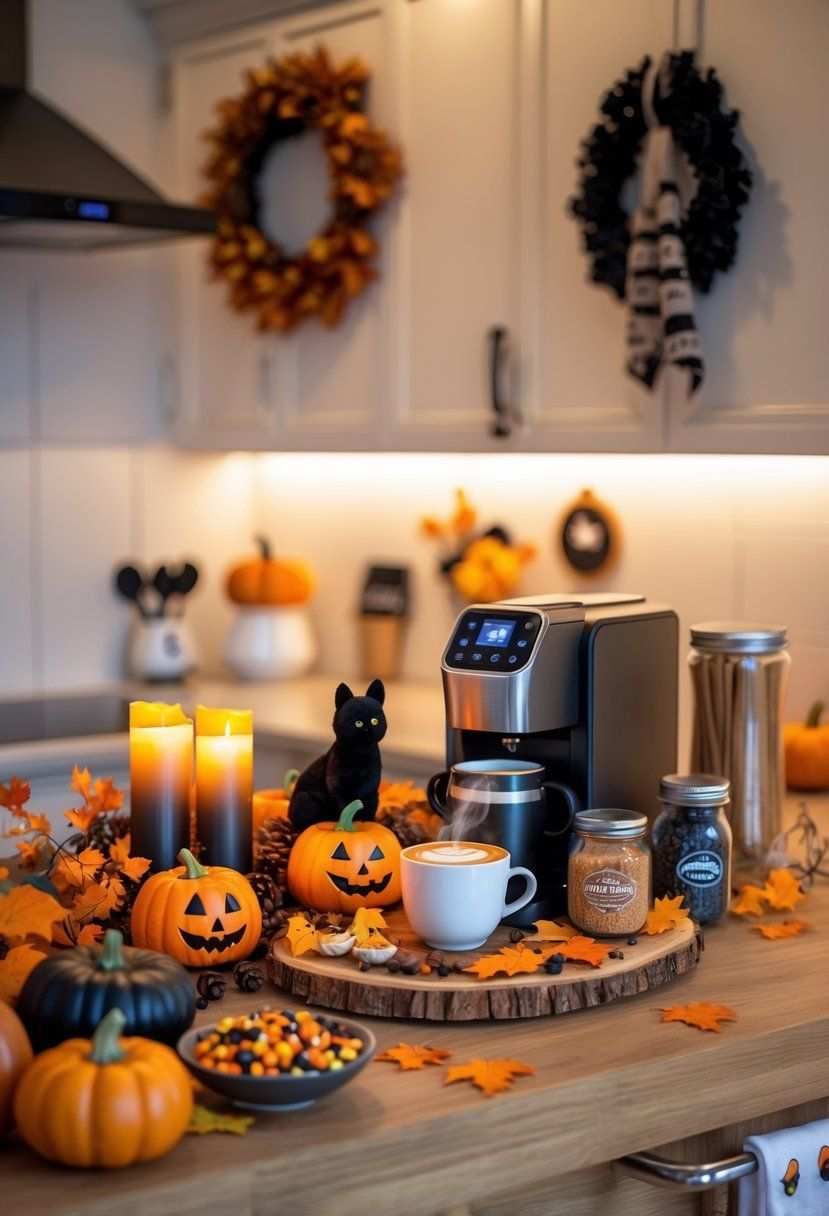 Coffee maker station with autumn leaves and halloween treats in glass jars