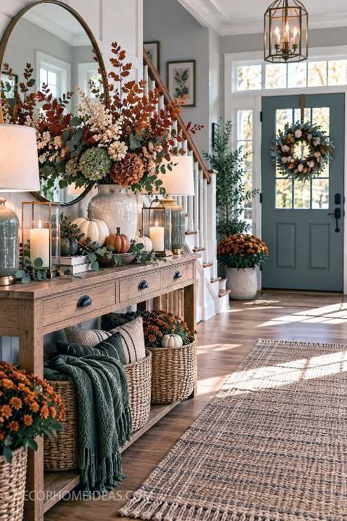 Entryway with rustic console, pumpkin décor, warm wood flooring, soft amber lighting.