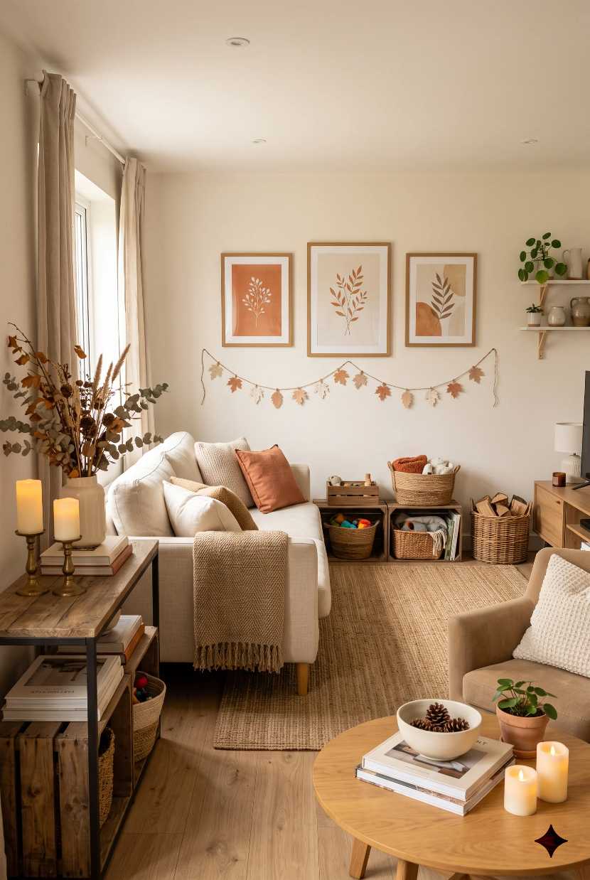 Dried maple leaf garland hanging above fireplace mantel wooden wall neutral background