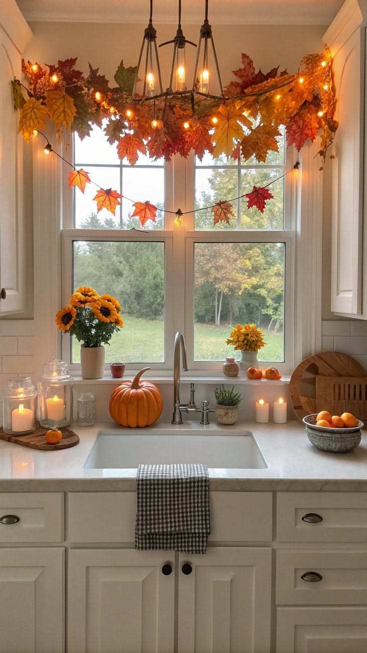 Kitchen window with autumn maple leaf chandelier and warm natural light