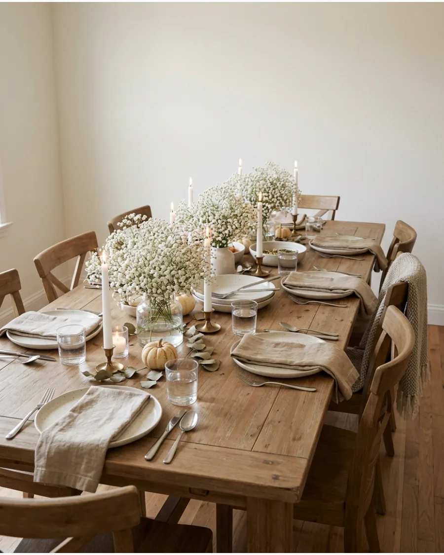 White baby's breath in vases with brass taper candles on a farmhouse table