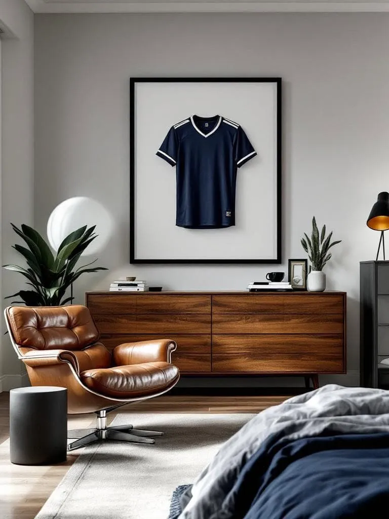 Bachelor bedroom with framed sports jersey wall art, leather chair, and contemporary lighting.