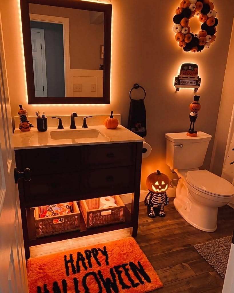 Bathroom with illuminated mirror, festive rug, skeleton and pumpkin décor, charcoal walls, cool blue LED strip.
