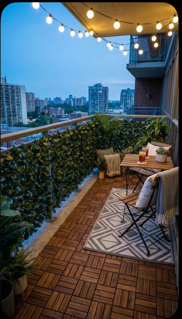 Balcony deck tiles with faux ivy-covered railing, compact bistro set, and natural wood tones.