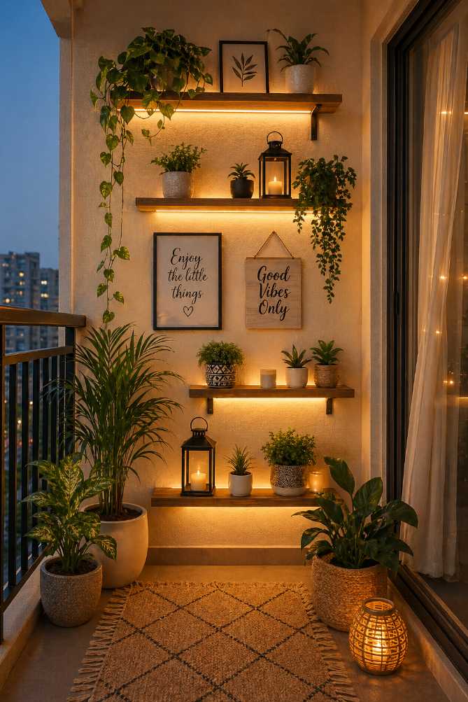 Balcony plant wall with floating illuminated shelves, assorted succulents, and brushed metal frames.