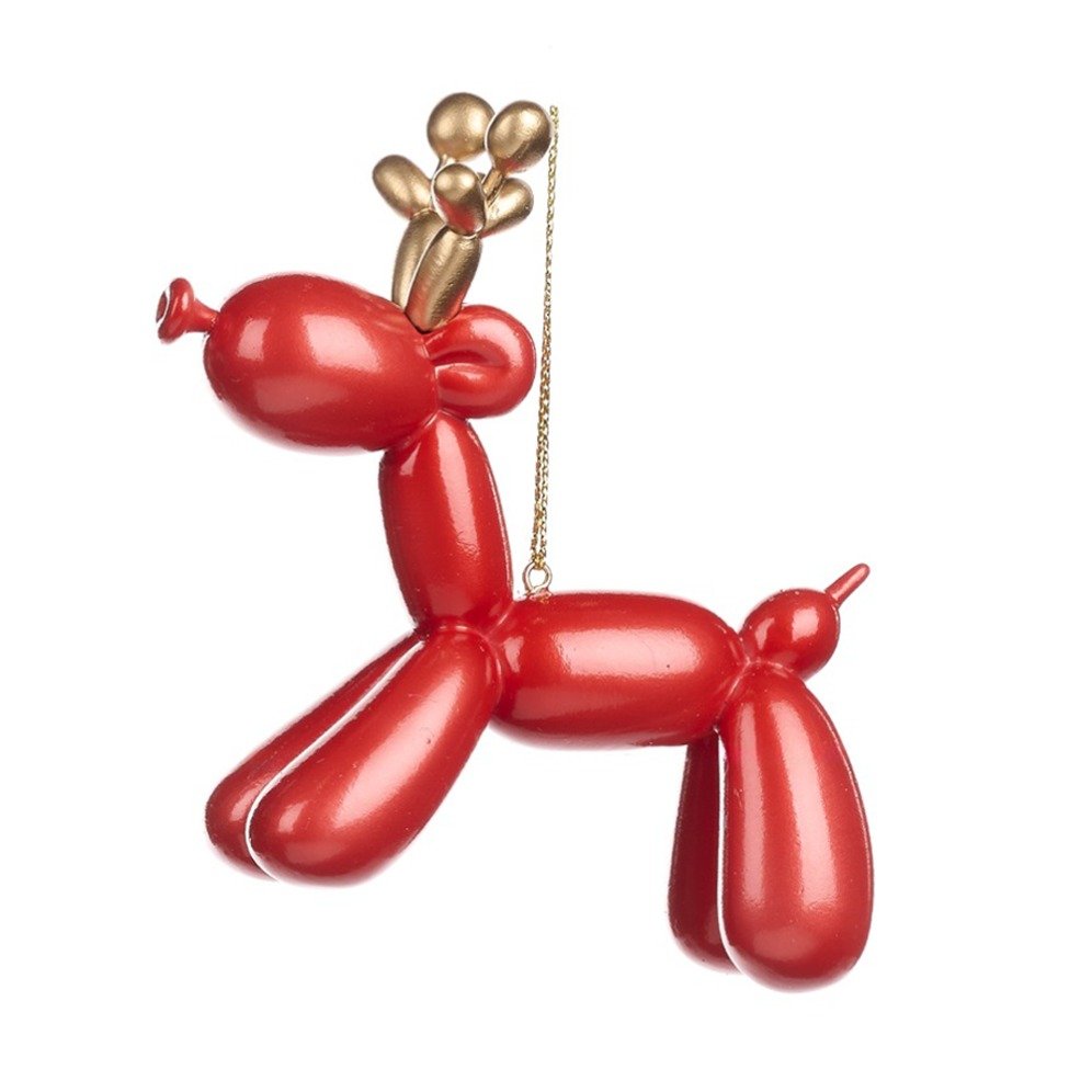 Front door entrance featuring an evergreen wreath decorated with glossy crimson balloon dog ornaments and brass sconces.