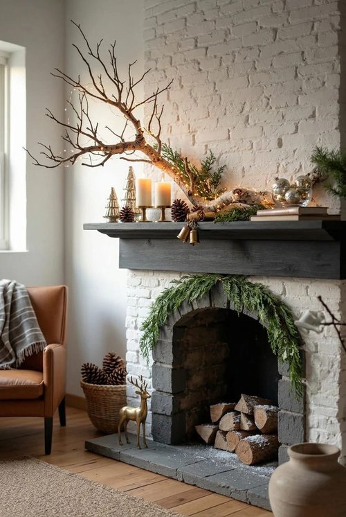 Rustic dining room with woodland twig garland, reclaimed wood table, linen runner, and soft glow.