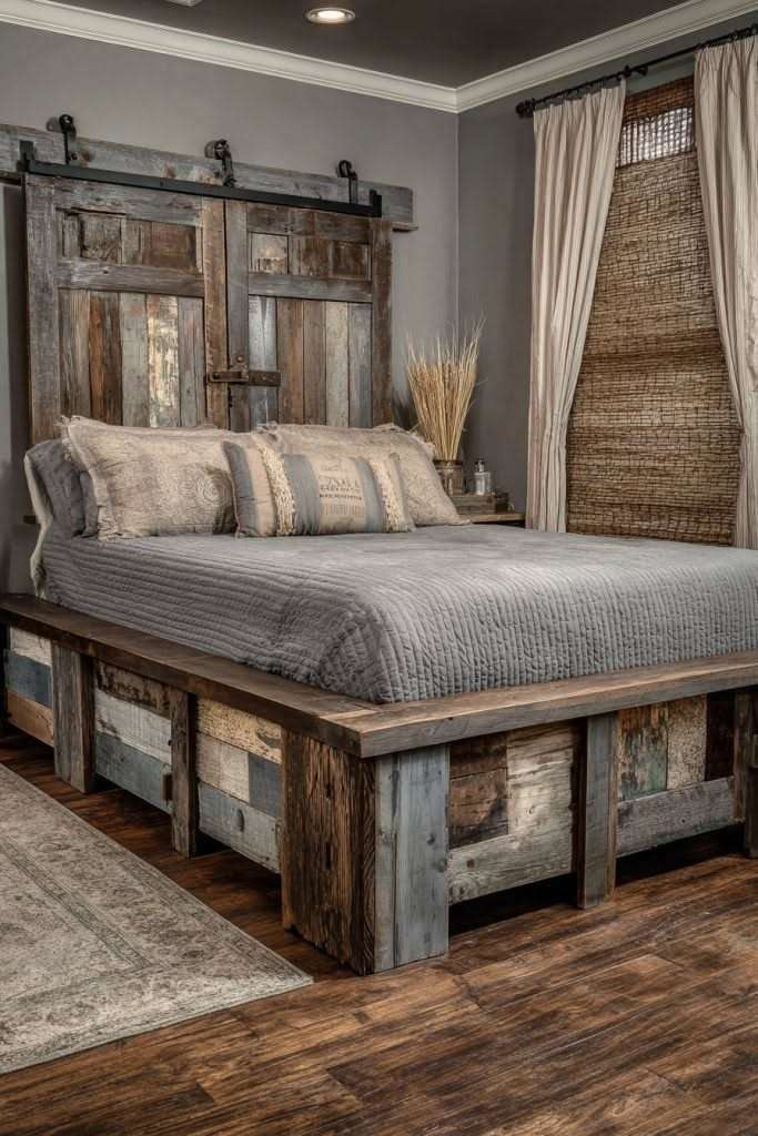 Rustic men’s bedroom showcasing a sliding barn door repurposed as headboard, gray bedding, and iron wall sconces