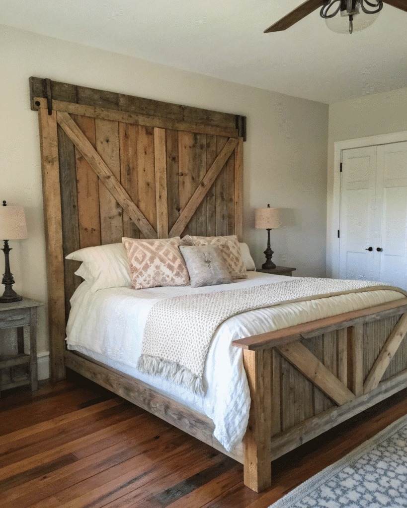 Rustic men’s bedroom featuring a solid wood bed, barn door headboard, and crisp white bedding with natural wood nightstands