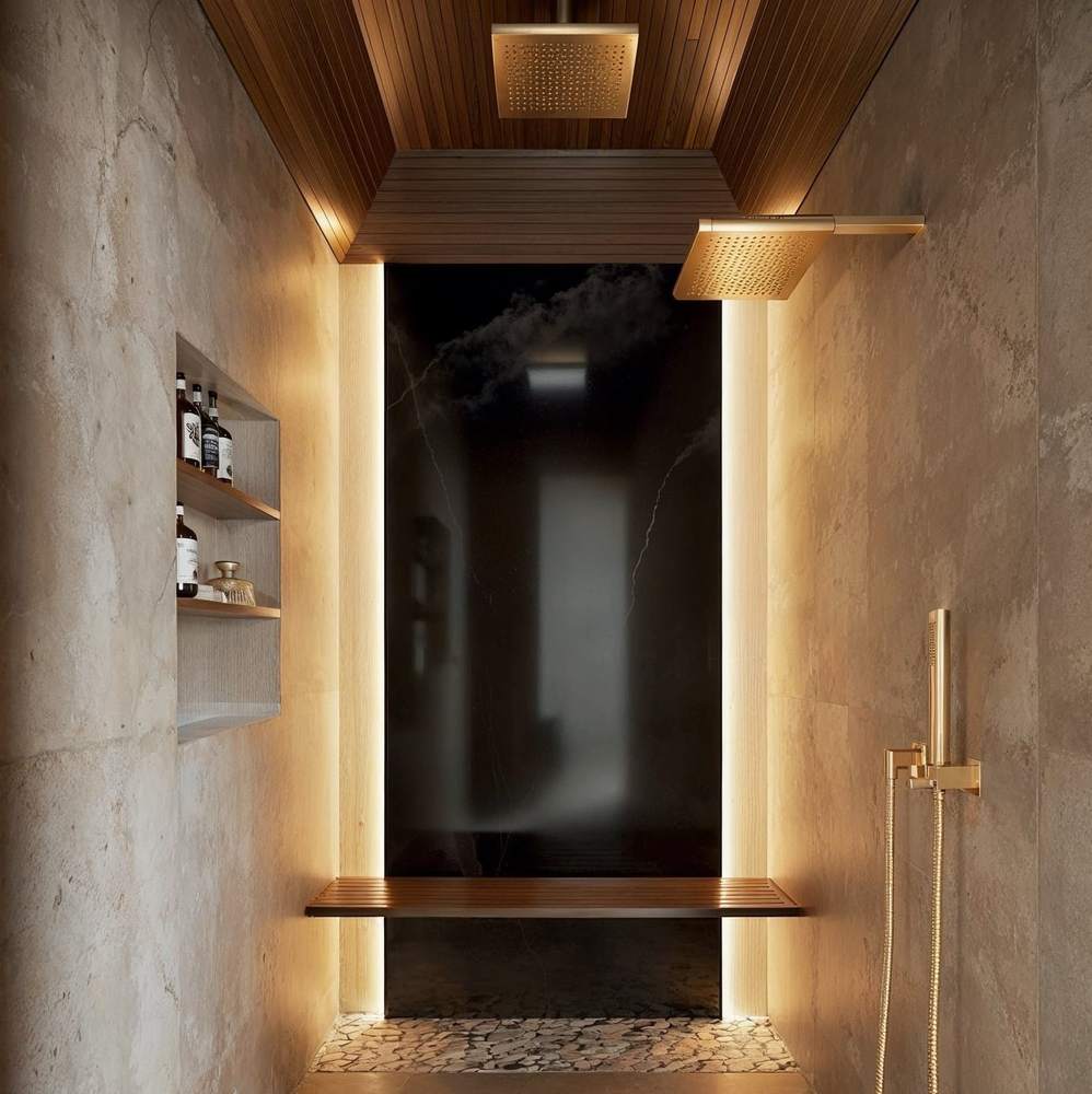 Minimalist wet room shower seamless sand microcement walls recessed ceiling rainfall shower head soft light.