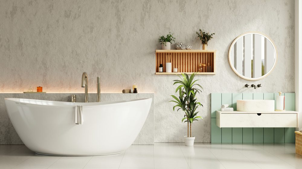 Bathroom design featuring warm terracotta tiles and earthy clay tones for a Mediterranean vibe.