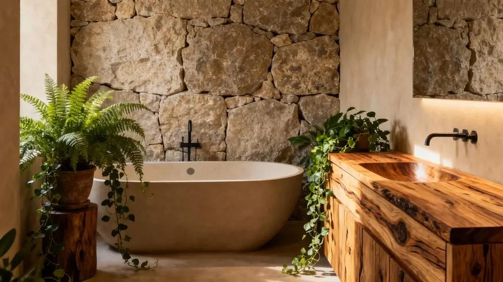 Bathroom interior with dark charcoal walls and slate tiles for a dramatic atmosphere.