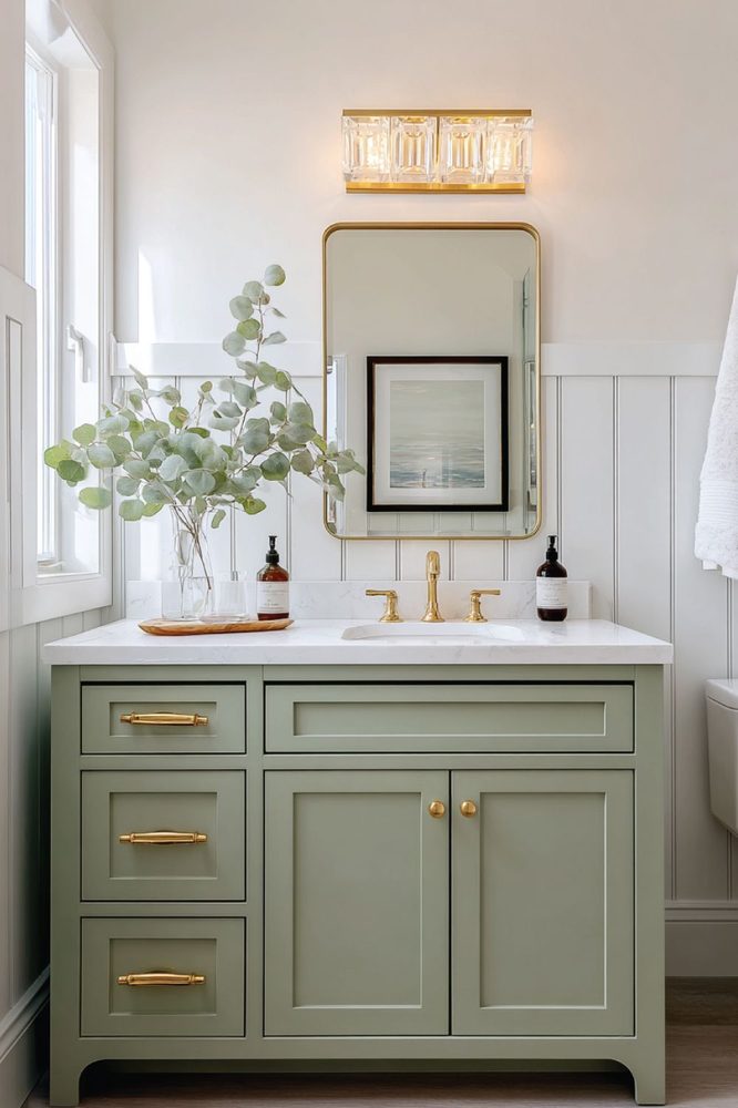 Bathroom vanity backsplash featuring beautiful pastel green scalloped wall tiles.