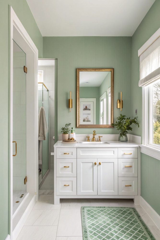 Bathroom with seamless custom cabinetry hiding all toiletries and clutter behind flat-panel doors.