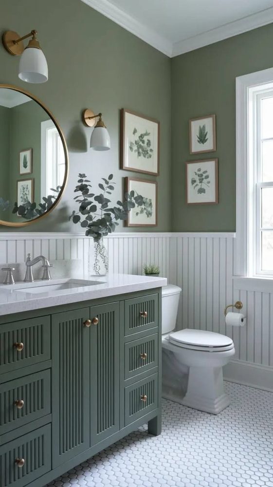 Modern vanity with sleek wall-mounted faucet taps above a white stone sink basin.