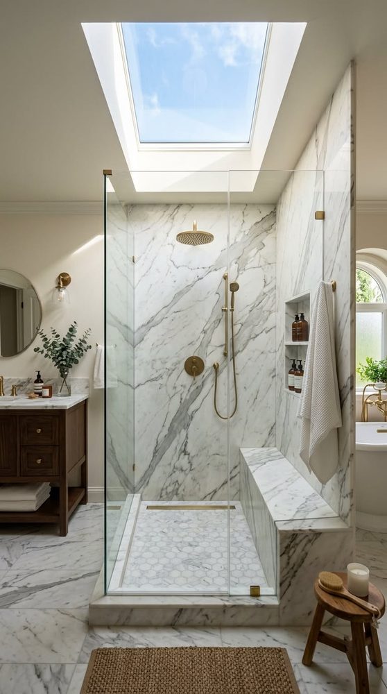 Shower floor covered in natural river pebbles for a spa-like massage effect.