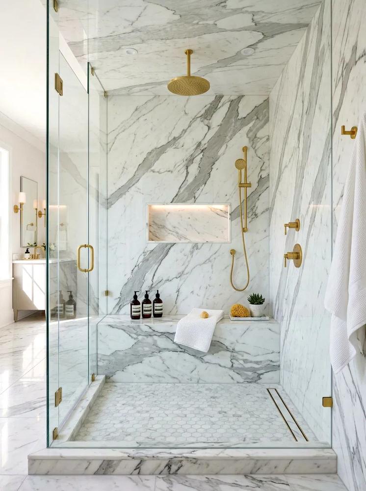 Built-in bathroom shower niche with floating shelves displaying minimalist bath products.