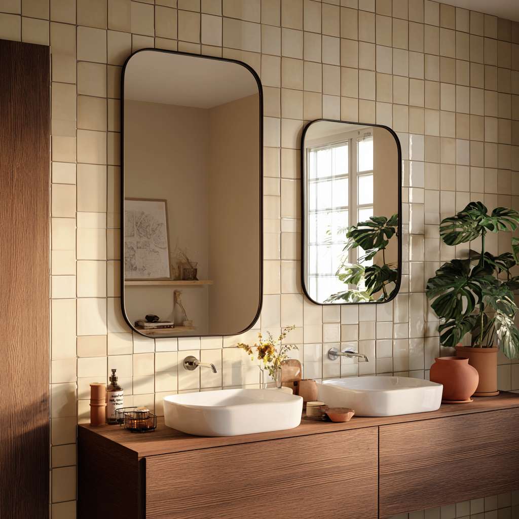 A stylish industrial bathroom mirror with a black metal grid frame in a loft.