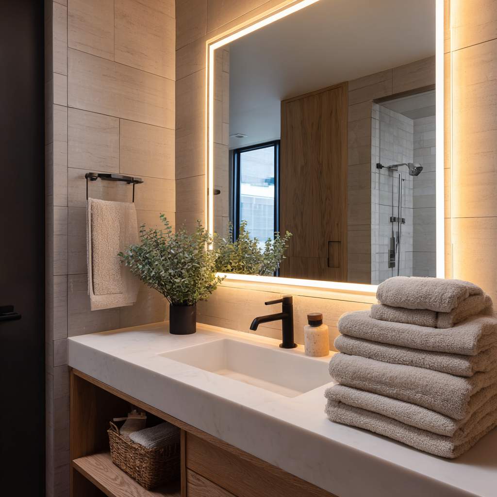 A decorative gold vintage ornate mirror placed above a modern pedestal sink.