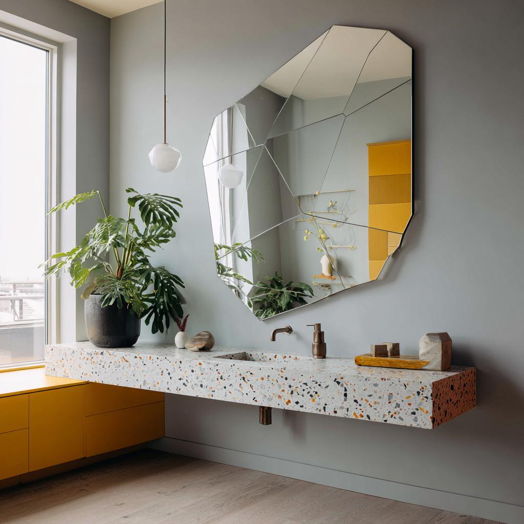 An oversized floor-standing mirror leaning against a bathroom wall behind a vanity.