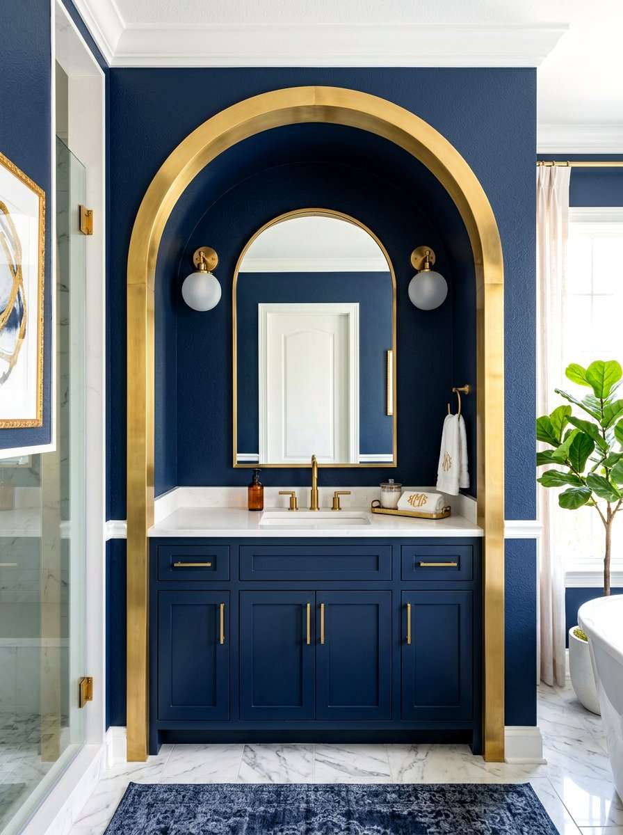 A sleek medicine cabinet mirror recessed into the wall in a modern, organized bathroom.