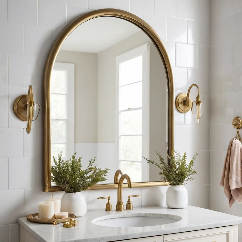 A uniquely shaped, asymmetrical bathroom mirror above a modern floating vanity.