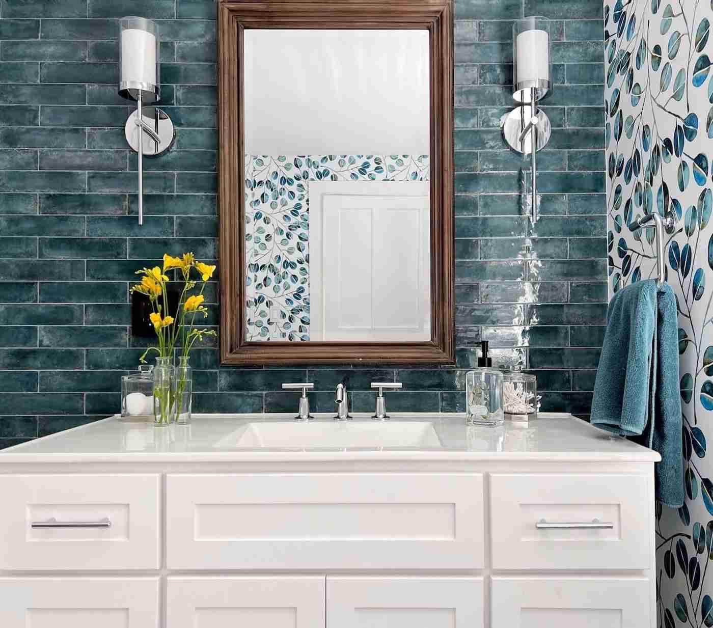 Cheerful bathroom with yellow floral wallpaper and bright, clean accents.