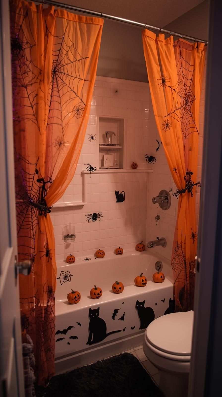 Freestanding bathtub, mini jack‑o‑lanterns, orange spiderweb shower curtain, soft white lighting, pebble floor.