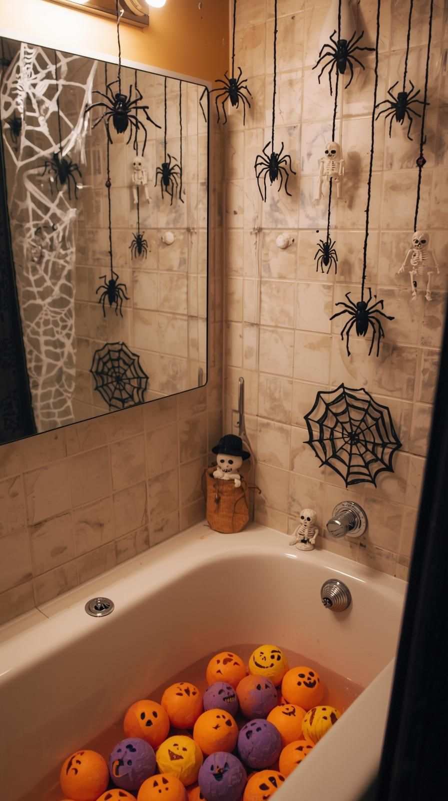 Bathtub with pumpkin‑shaped bath bombs, hanging spider décor, skeleton figurines, warm amber lighting, stone tiles.