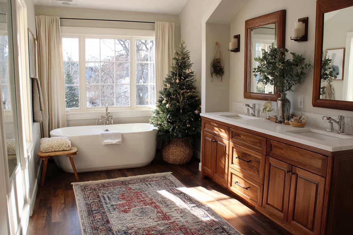 Freestanding tub, small tree, vanity, white bathroom, luxurious holiday setup