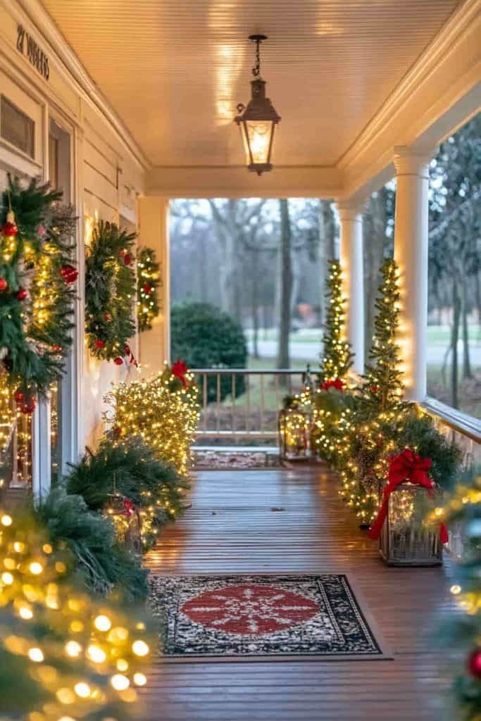 Front porch with battery‑operated evergreen wreaths, pine needles, soft amber lighting