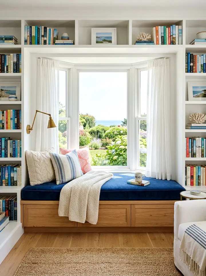 Sunlit bay window bench, deep‑blue cushion, linen drapes, light oak floor, natural light.