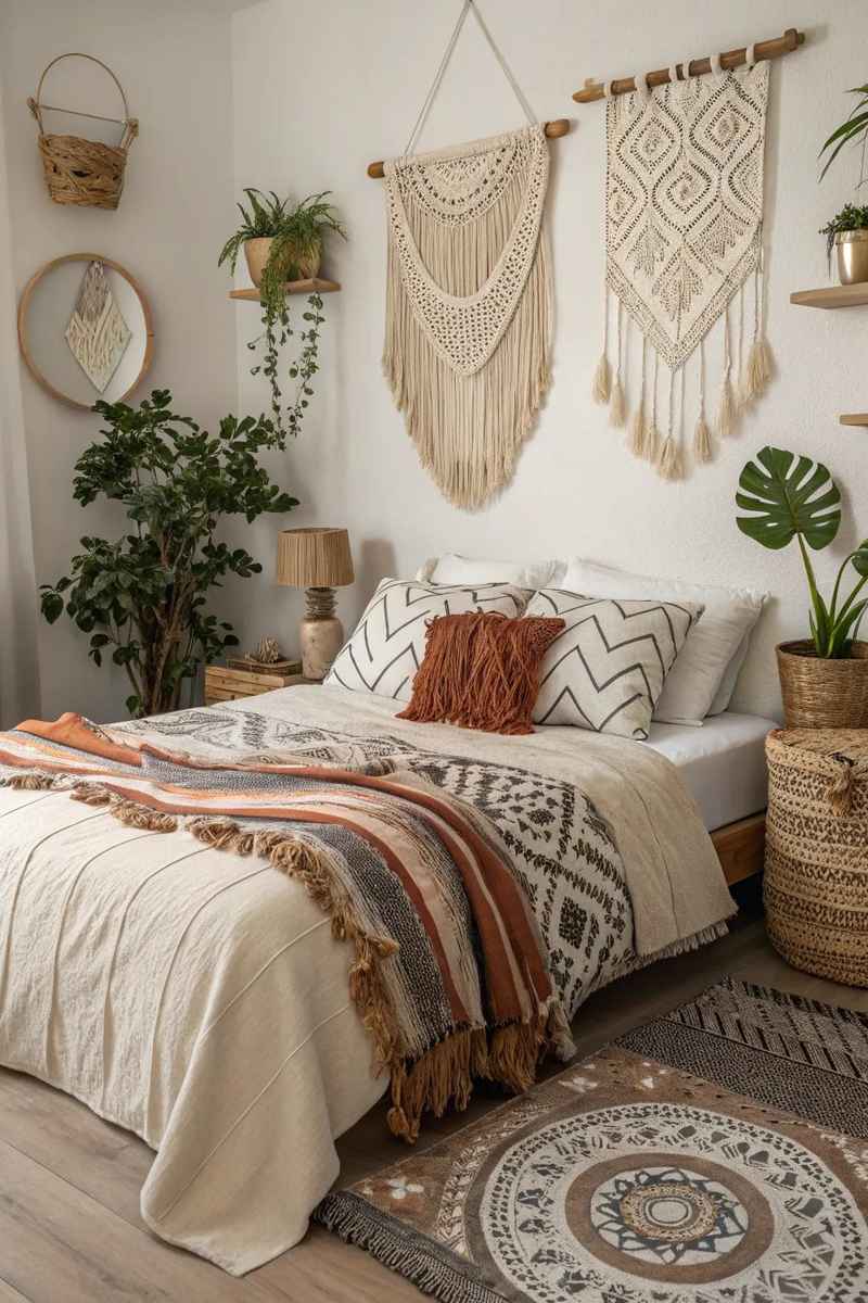 Elegant glam bedroom with muted blush pink comforter set, champagne velvet throw pillow, brushed gold bedside lamp