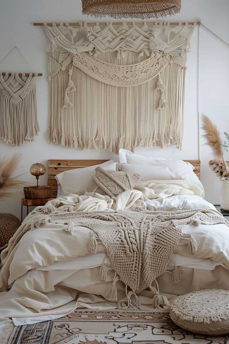 Scandinavian bedroom featuring stone gray waffle weave bedding, sleek wood platform bed, warm minimalist wall sconce