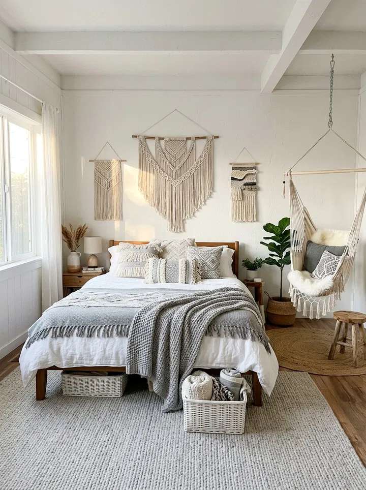 Modern bedroom with oak bed frame clad in rich terracotta linen bedding and soft warm lighting.