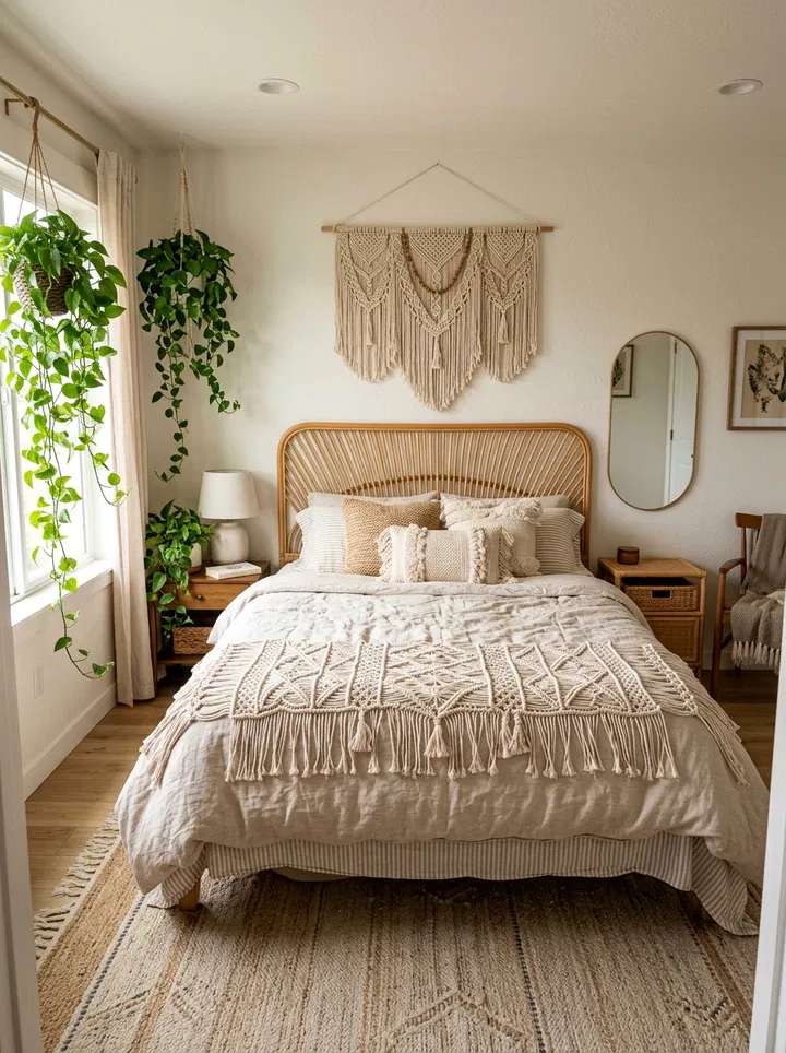 Cozy bedroom with sage green duvet set, white linen sheets, pine furniture, and diffused sunlight.