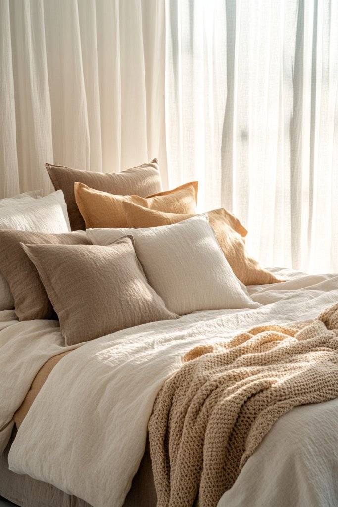 Boho bedroom with rattan headboard, golden ochre duvet bedding set, soft warm ambient strip lights.