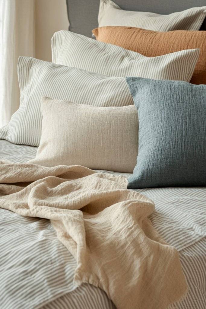Luxury hotel bedroom featuring crisp white cotton percale bedding set, indirect warm backlighting wall.