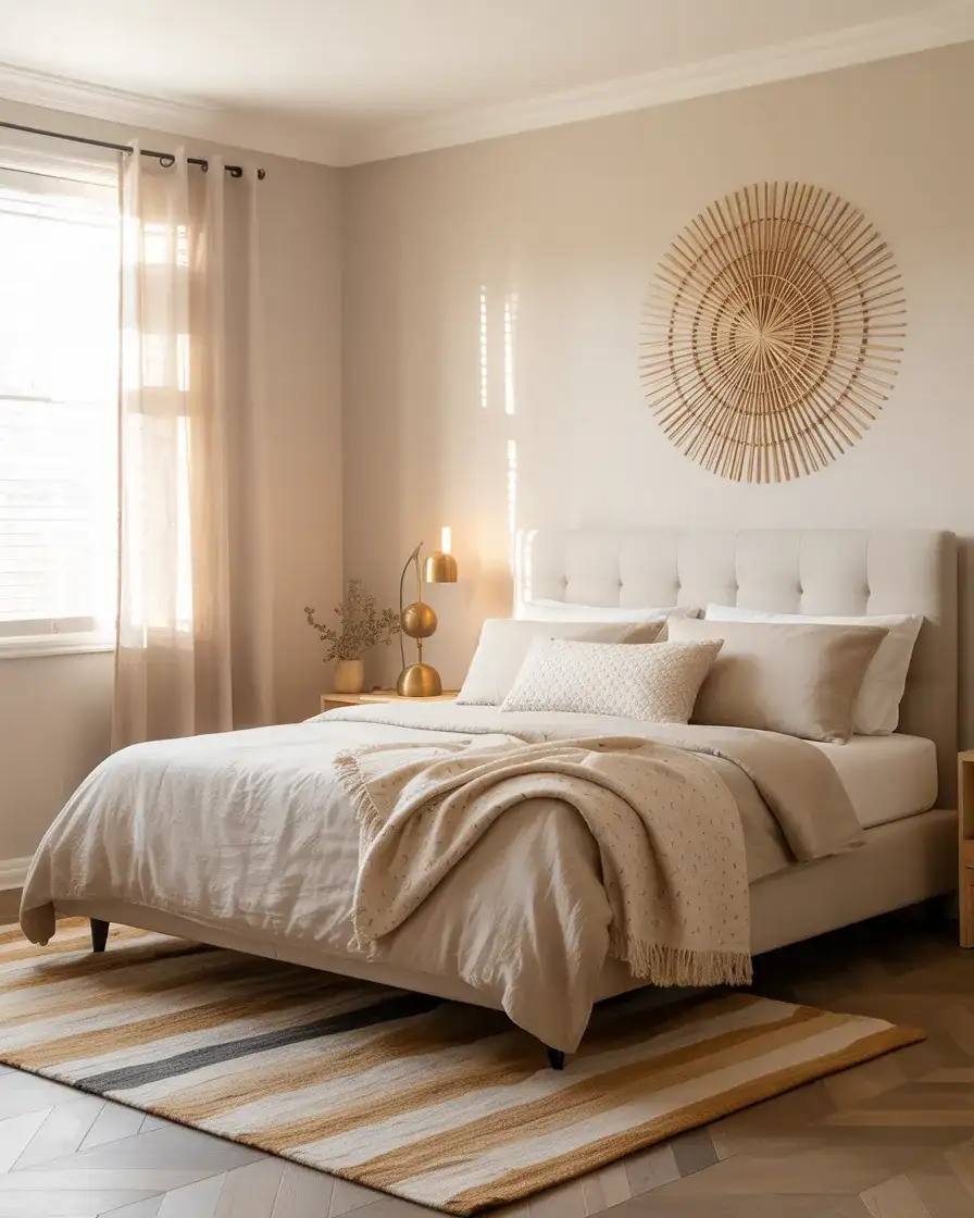 Minimalist bedroom curtain ideas featuring crisp white sheer panels in a modern architectural home.